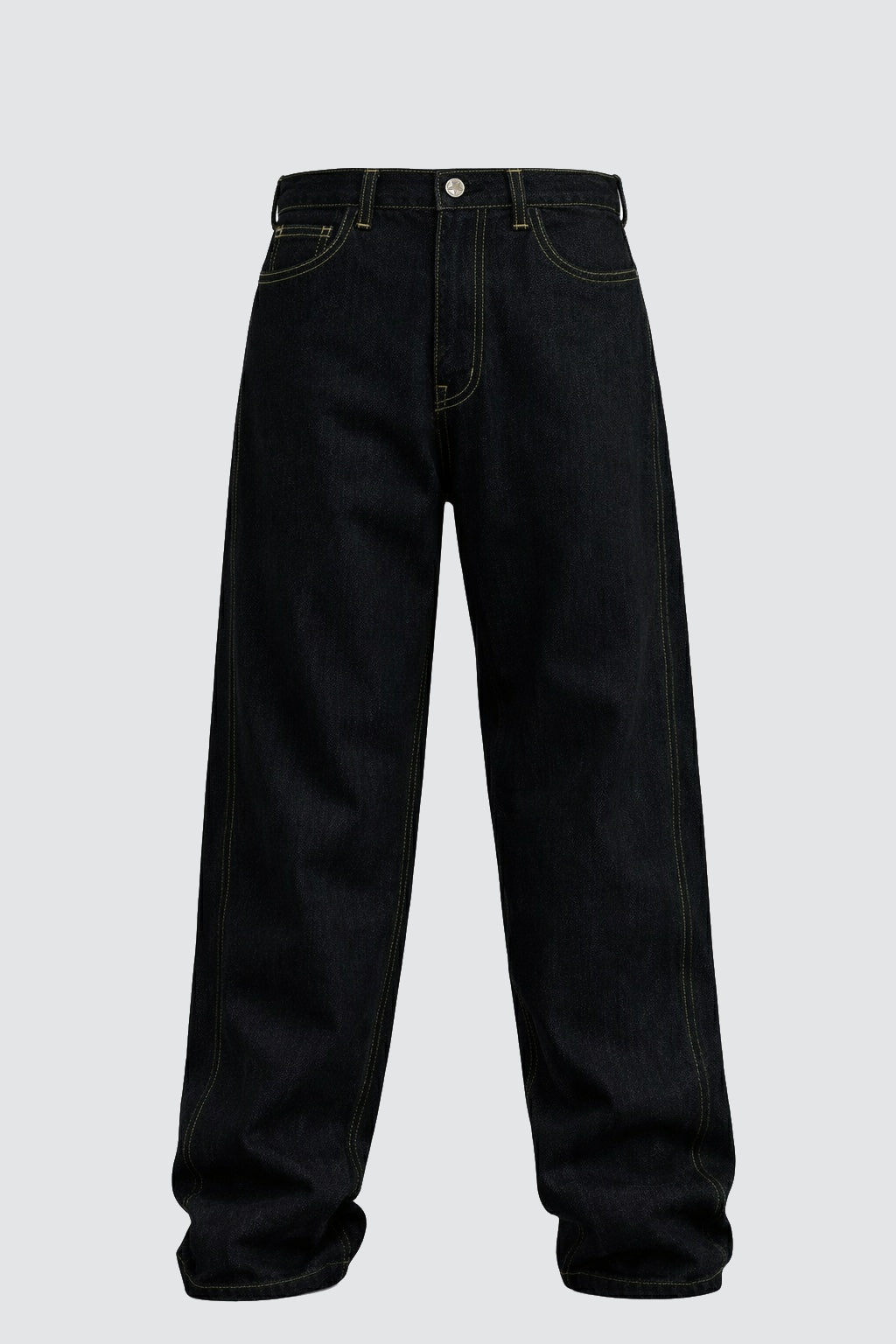 Kontrast Sarı Dikiş Detaylı Baggy Jean