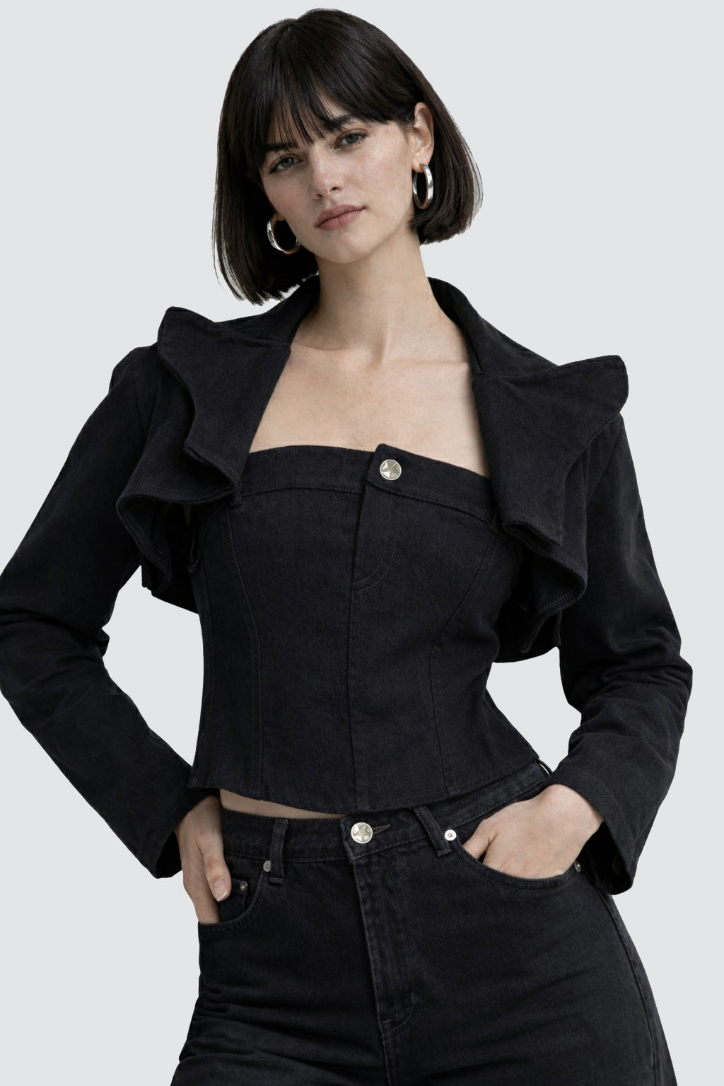 Vatkalı Crop Blazer Denim Ceket