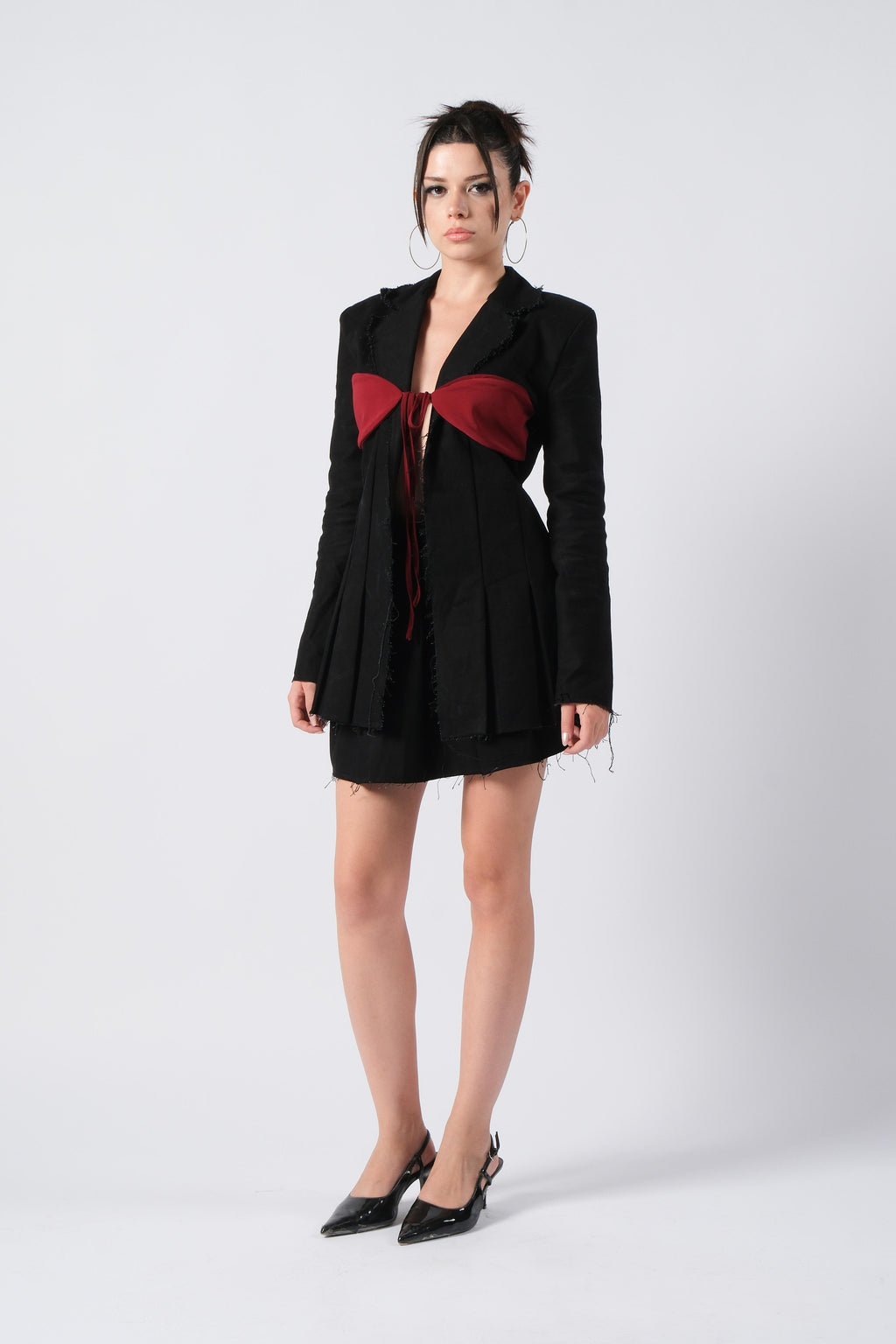 Bordo Göğüs Bağlamalı Denim Ceket