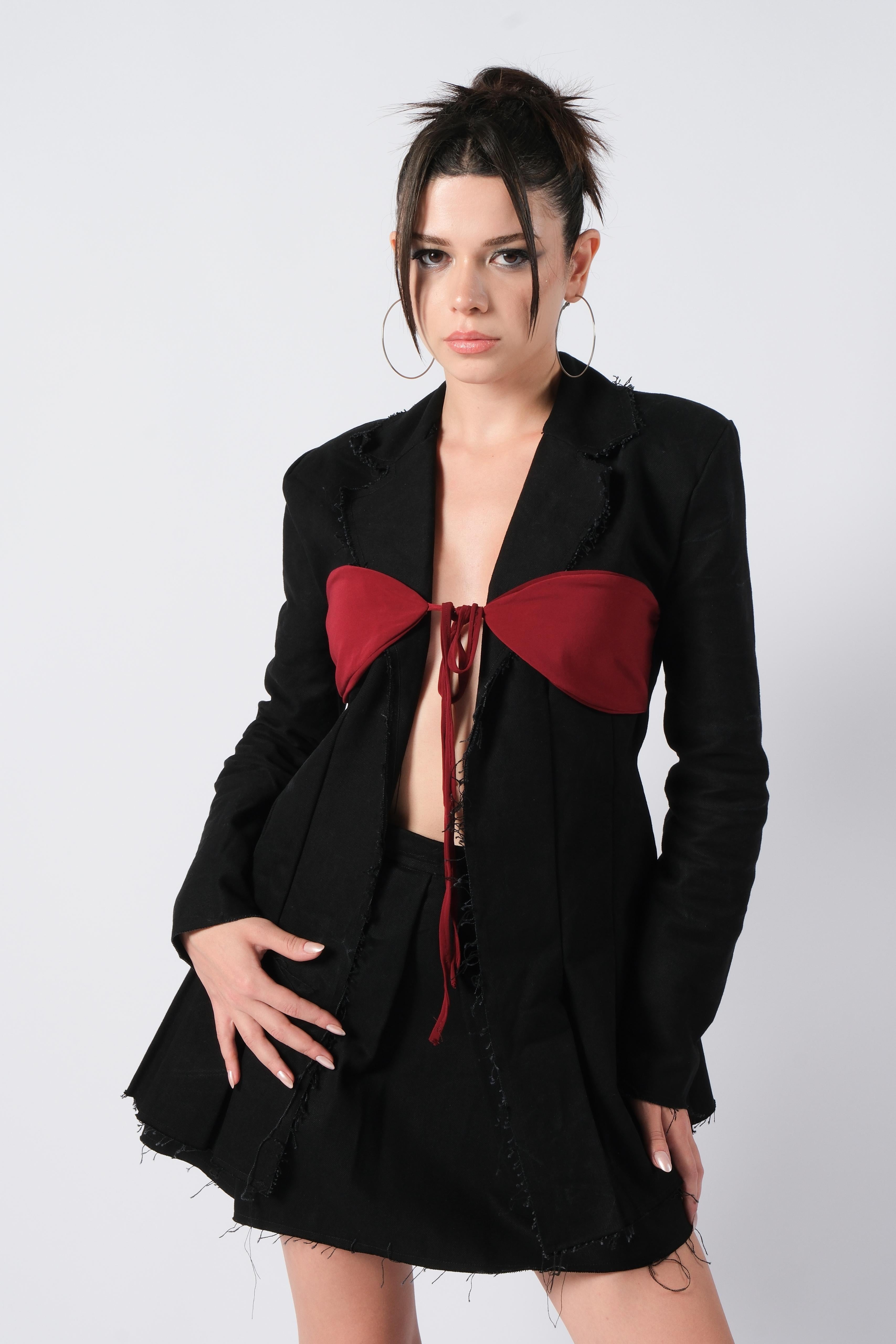 Bordo Göğüs Bağlamalı Denim Ceket