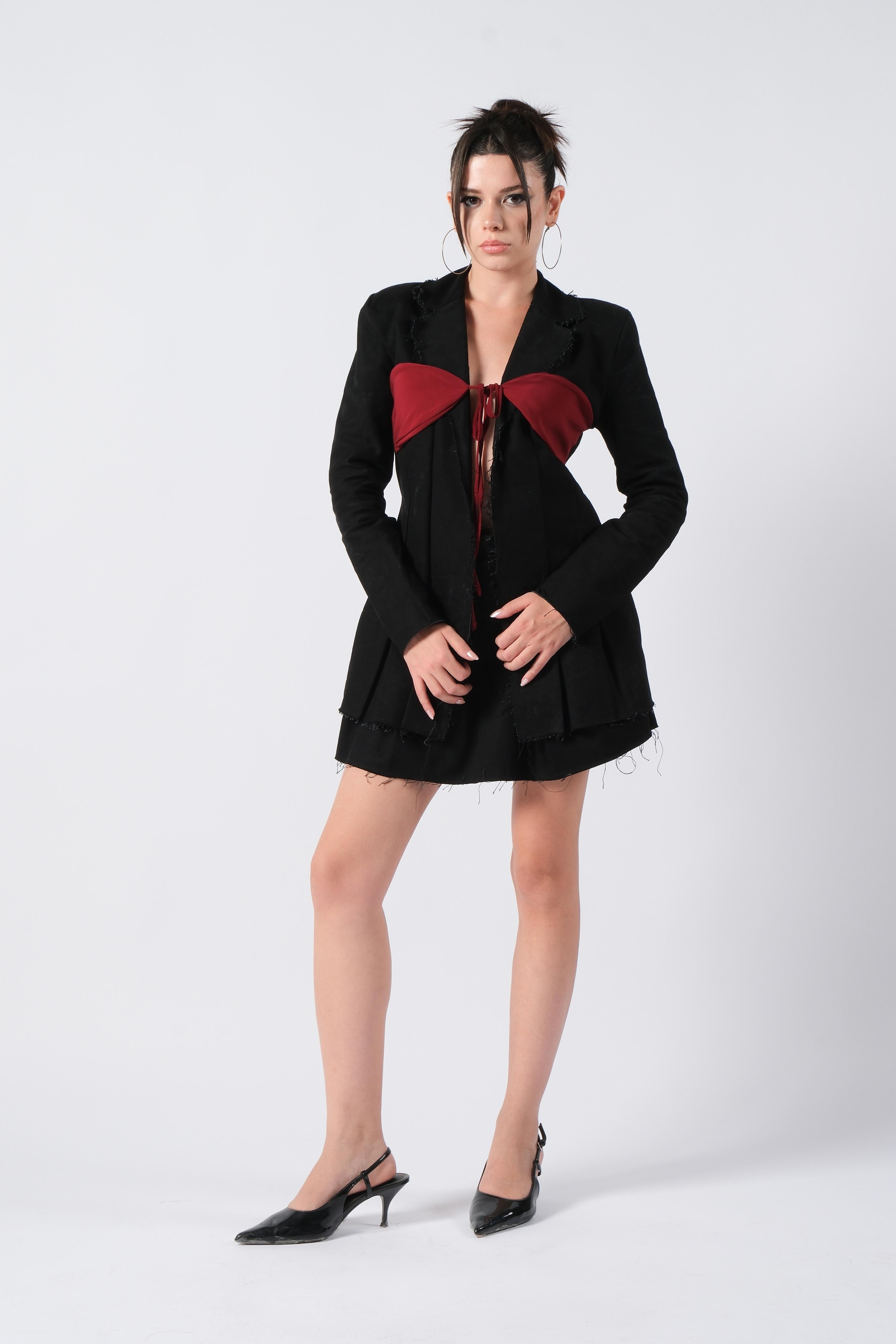 Bordo Göğüs Bağlamalı Denim Takım/Ceket ve Etek