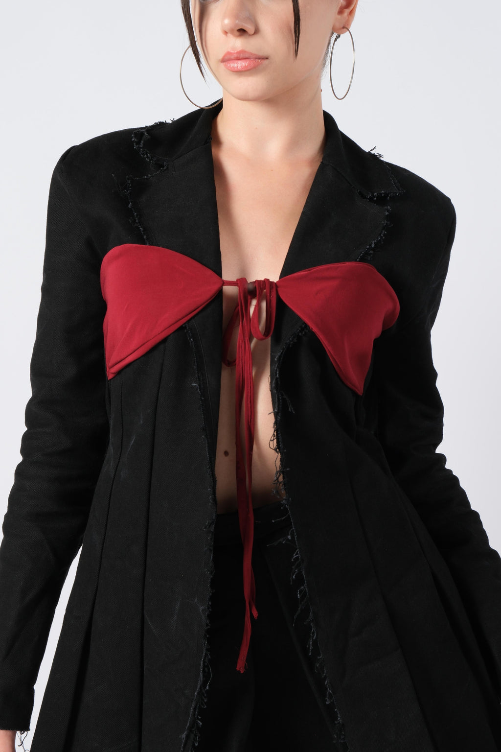 Bordo Göğüs Bağlamalı Denim Ceket