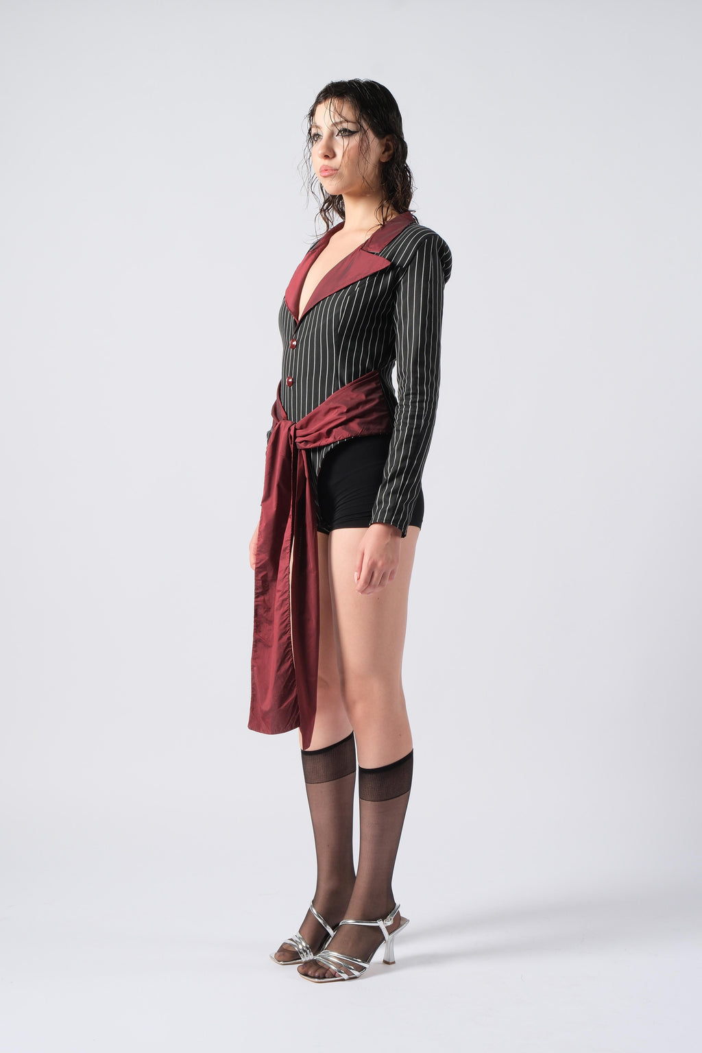 Bordo Detaylı Çizgili Bodysuit Ceket