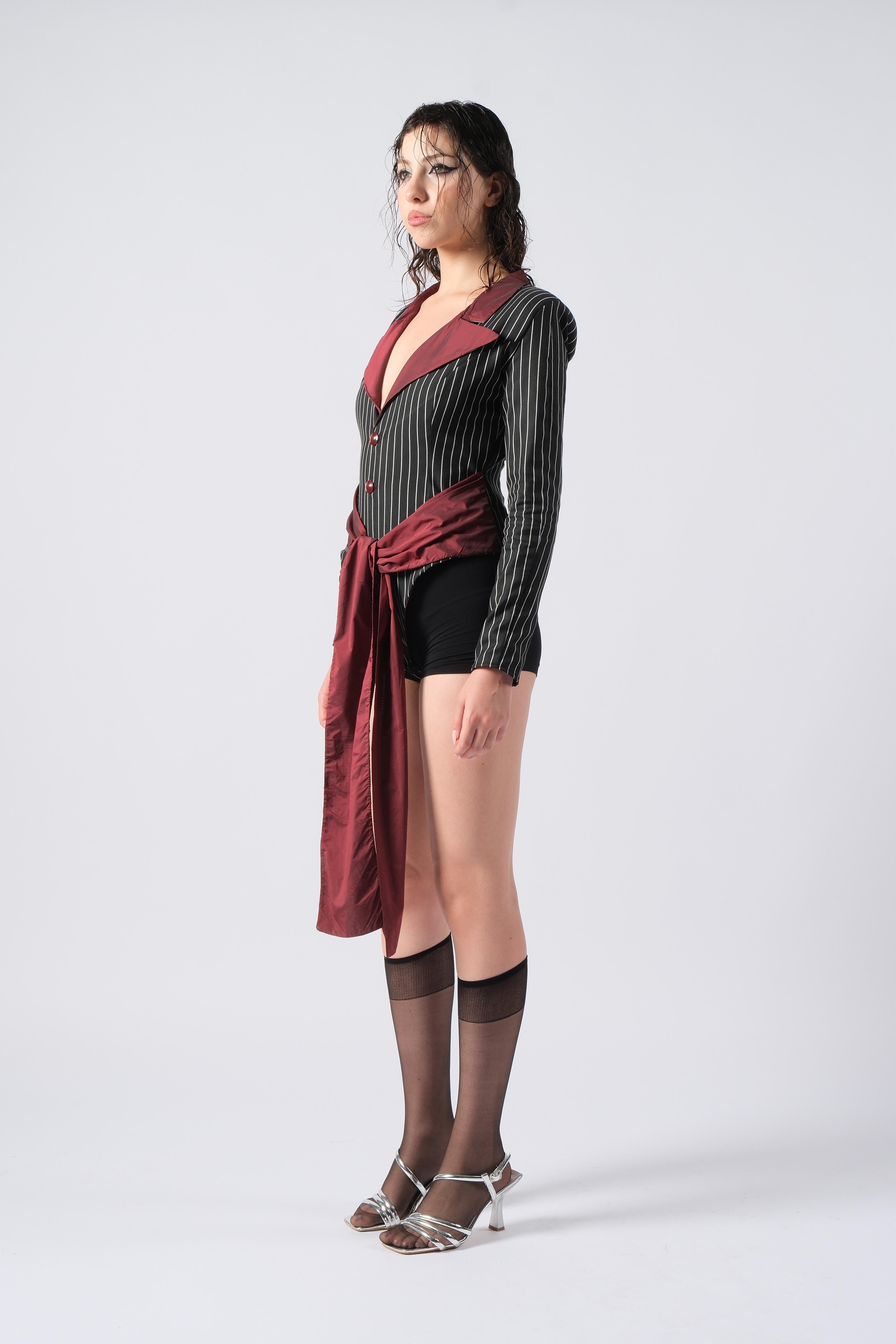 Bordo Detaylı Çizgili Bodysuit Ceket